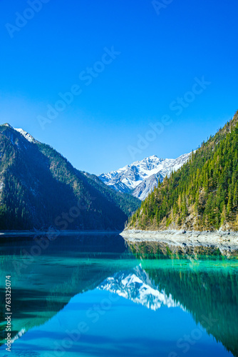 Jiuzhaigou Valley, Aba Qiang and Tibetan Autonomous Prefecture, Sichuan Province - beautiful lakes and mountains under the blue sky