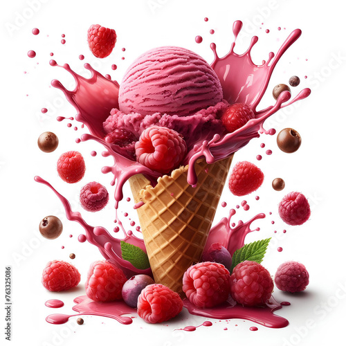 Reaspberry Ice cream in the waffle cone with splash and berries isolated on white background
