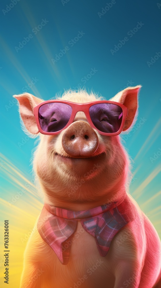 Fototapeta premium pig in sunglasses on bright sky background, having a great vacation