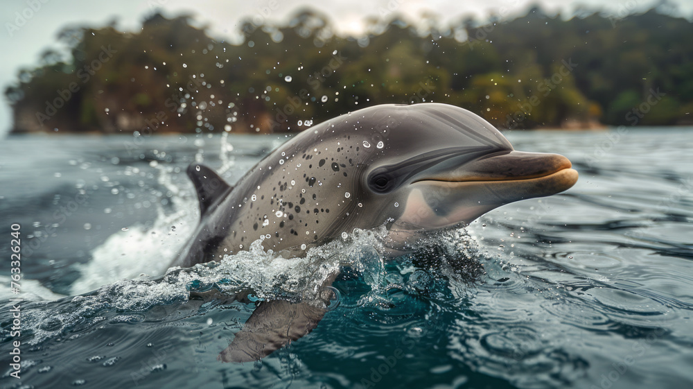 Fototapeta premium portrait of one dolphin breaching the water's surface with tropical island in the background ,generative ai