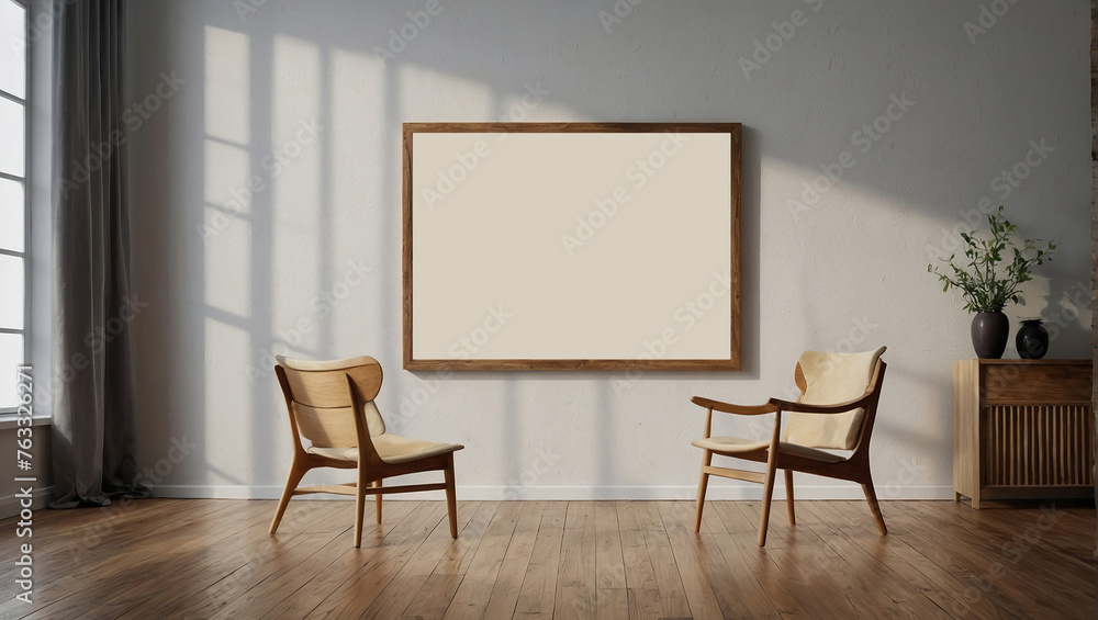 Fototapeta premium Vertical wooden frame mock up, Wooden frame poster on wooden floor with white wall