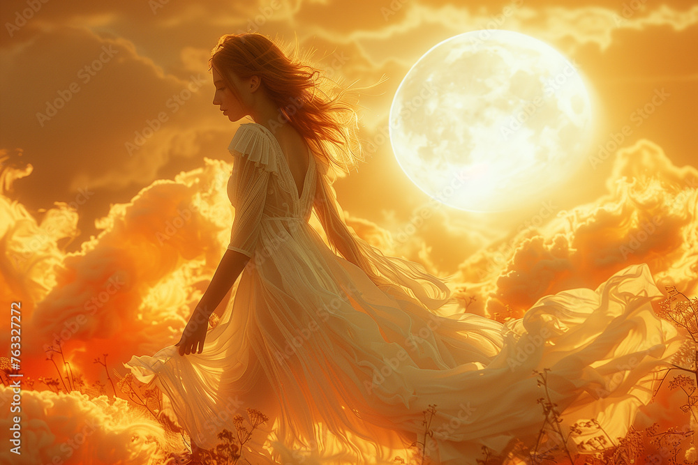 Woman in a white dress walks through the clouds with big sunset sun behind her Woman in a white dress walks through the clouds with big sunset sun behind her