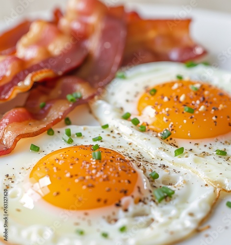 Bacon and egg as English breakfast. Close up of sunny side eggs and bacon on a white plate