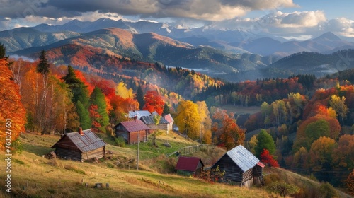 beautiful autumn mountain and small village on mountainside (Carpathian. Ukraine)