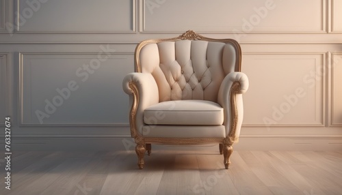 Classic English armchair on the background of an empty wall. Sunset light on the wall