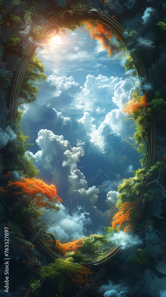 Painting depicting sky filled with clouds and trees in the foreground
