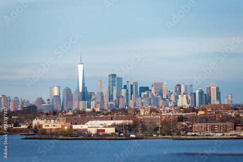 Evening panorama view on the New York city skyline from the container terminal in Newark.