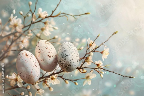 Delicate speckled Easter eggs nestled among spring branches, creating an elegant display for the holiday season. Digital still life painting.