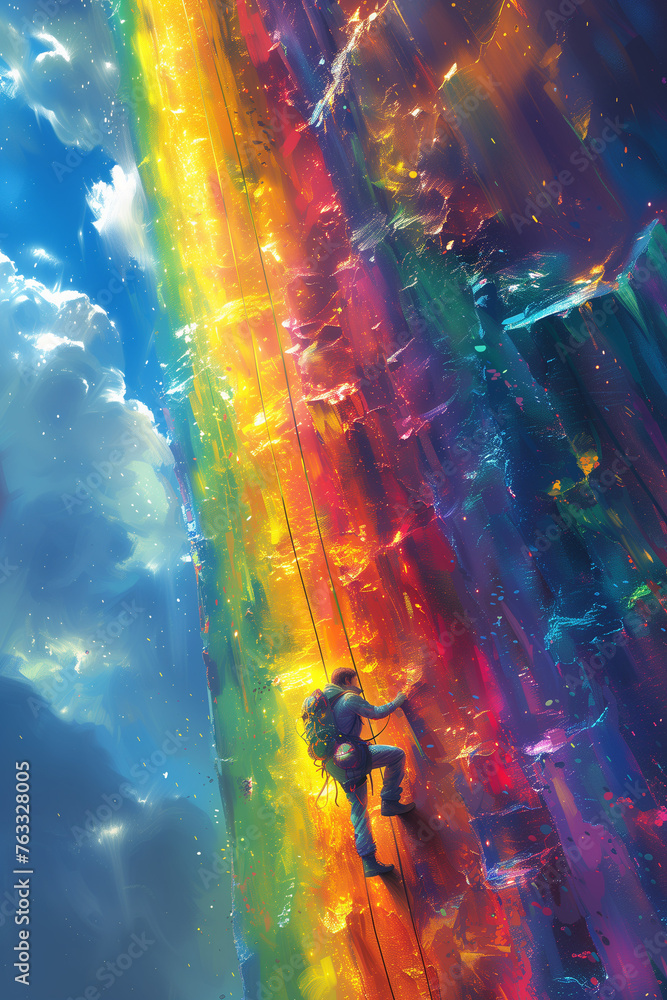 Fototapeta premium Man scaling the side of rock painted in vibrant rainbow colors