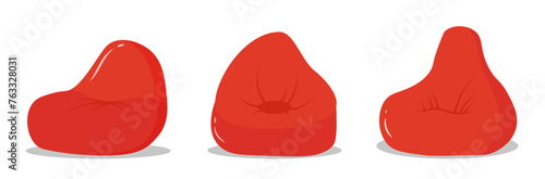 Set of red poufs, icon soft furniture, comfortable fluffy chair. Red pillow in a round shape, a bag stuffed with fabric on the floor, home interior. Vector illustration
