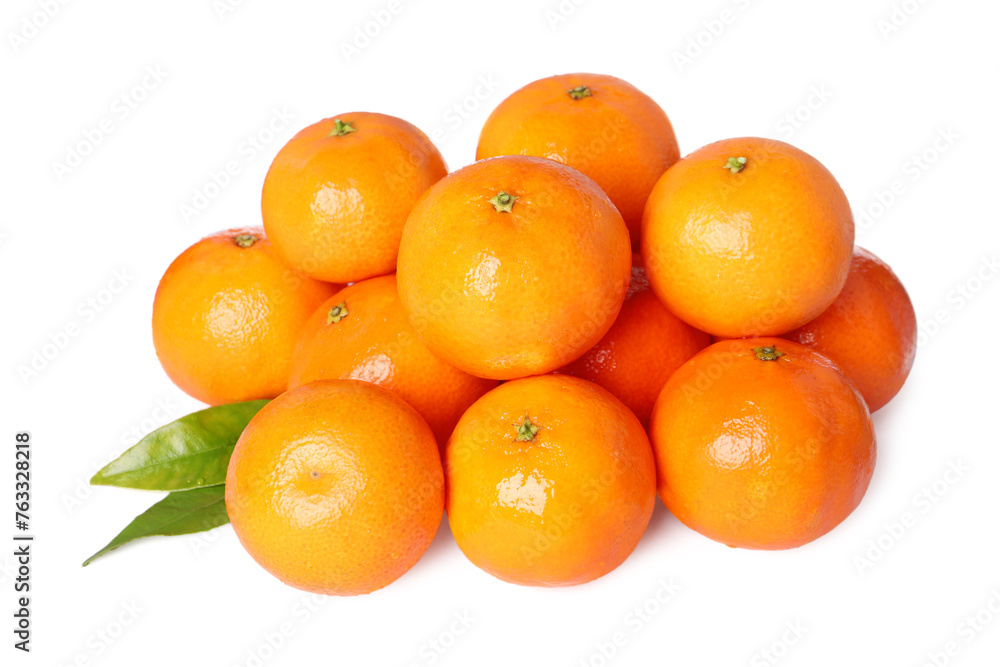 Fresh ripe tangerines and green leaves isolated on white Fresh ripe tangerines and green leaves isolated on white