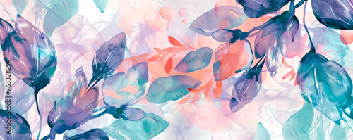 A painting featuring vibrant blue and pink leaves against a clean white background. The leaves are elegantly detailed, capturing the viewers attention with their striking colors. Banner. Copy space