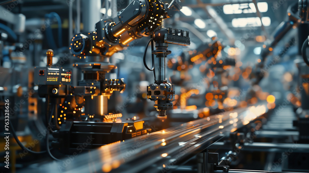 Fototapeta premium cyborg control robot assembly line in car factory
