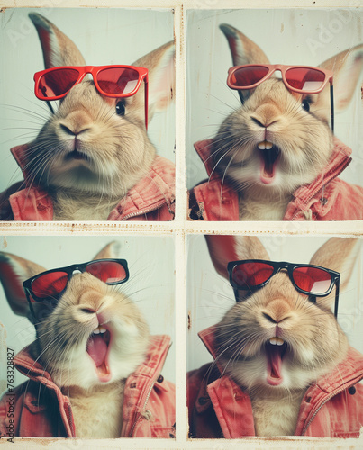 A funny, crazy bunny with funny faces takes photos in the photo booth