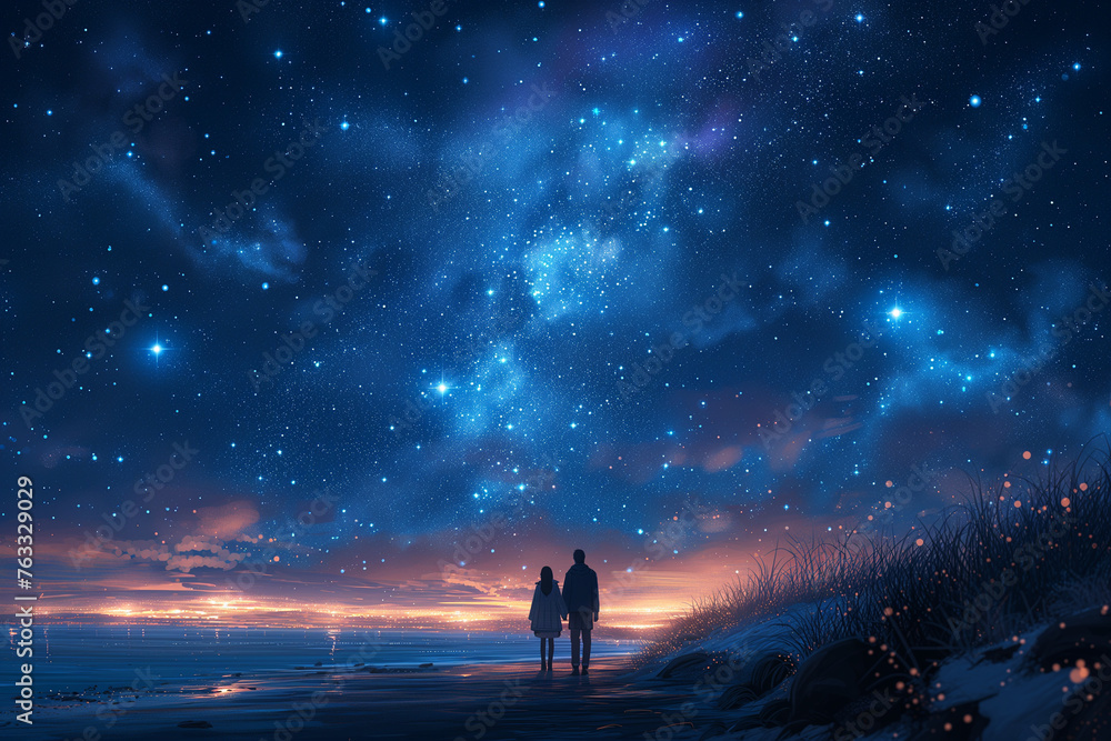 Fototapeta premium Couple standing on beach beneath star-filled night sky
