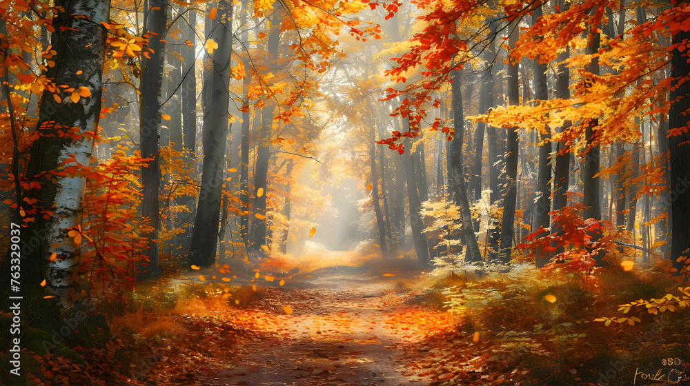 A peaceful forest landscape bathed in the warm colors of autumn, with leaves of red, orange, and gold fluttering to the ground A peaceful forest landscape bathed in the warm colors of autumn, with leaves of red, orange, and gold fluttering to the ground