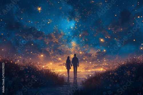 Couple standing on path, looking at stars in the sky