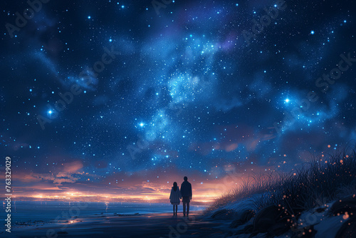 Couple standing on beach beneath star-filled night sky