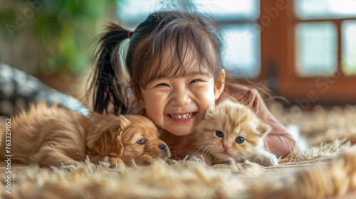 Little girl playing with two cute kittens and puppies on the carpet, happy smile, warm home background, indoor scene