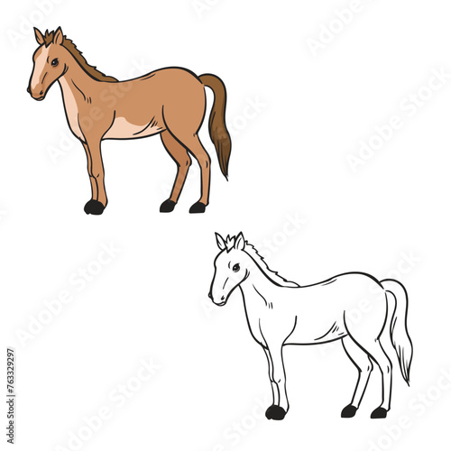 a horse cartoon vector illustrations. Outline style. drawing line art style