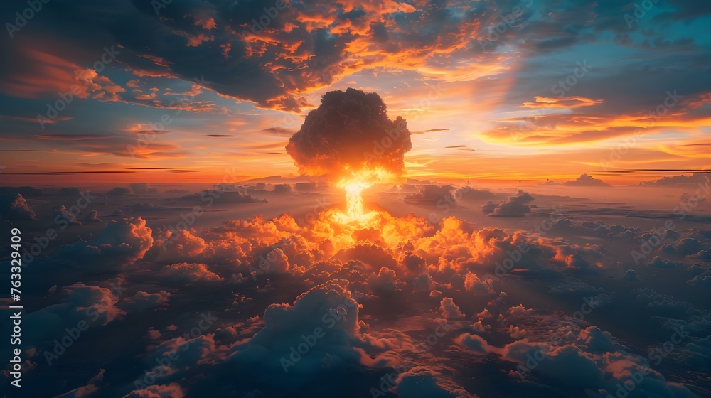 Photo of a nuclear explosion at a power plant showing a mushroom cloud and smoke symbolizing catastrophe and danger. Concept Power Plant Disaster, Nuclear Explosion, Catastrophic Event Photo of a nuclear explosion at a power plant showing a mushroom cloud and smoke symbolizing catastrophe and danger. Concept Power Plant Disaster, Nuclear Explosion, Catastrophic Event