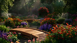 A peaceful garden filled with colorful blooming flowers and winding pathways, with a quaint wooden bridge over a gentle stream