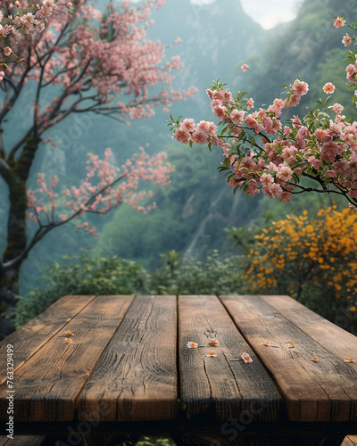 A wood table on spring wheter behind photo