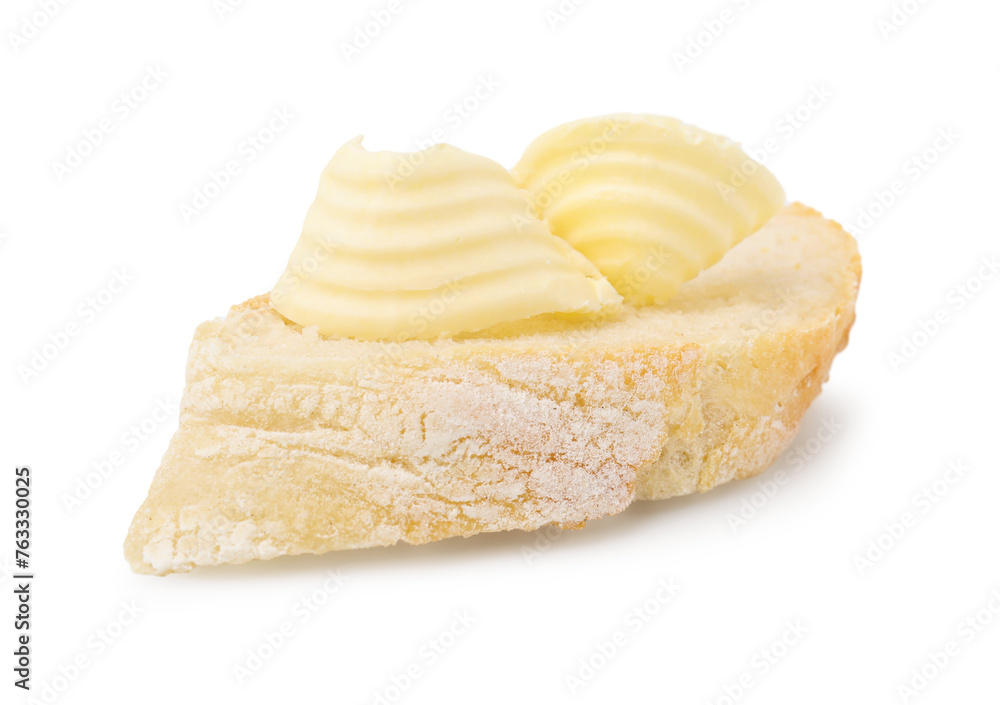 Tasty butter curl and slice of bread isolated on white Tasty butter curl and slice of bread isolated on white