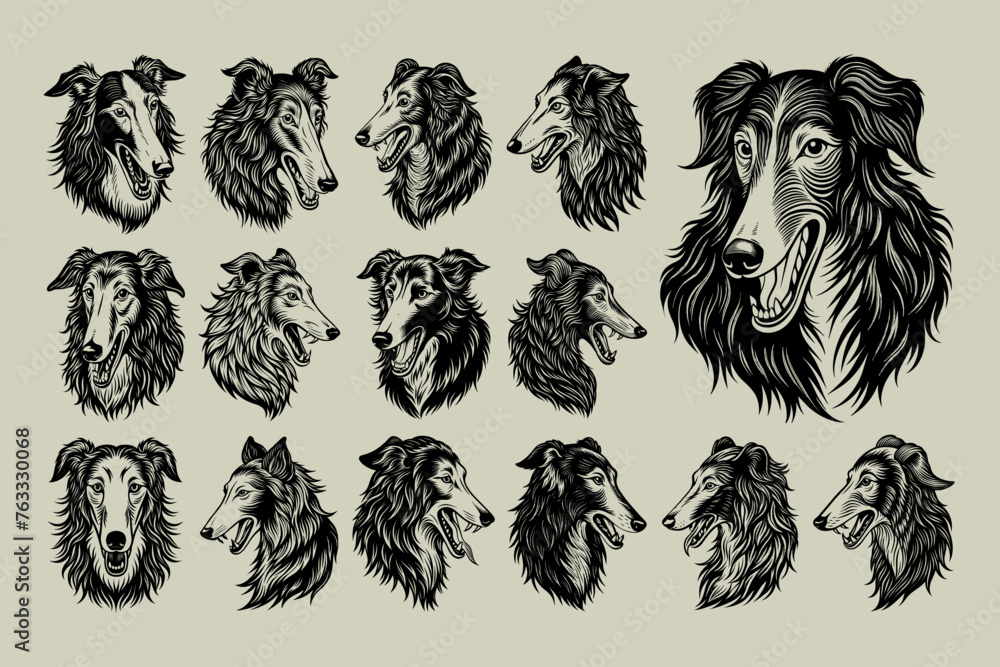 Obraz premium Barking borzoi dog head silhouette design template set