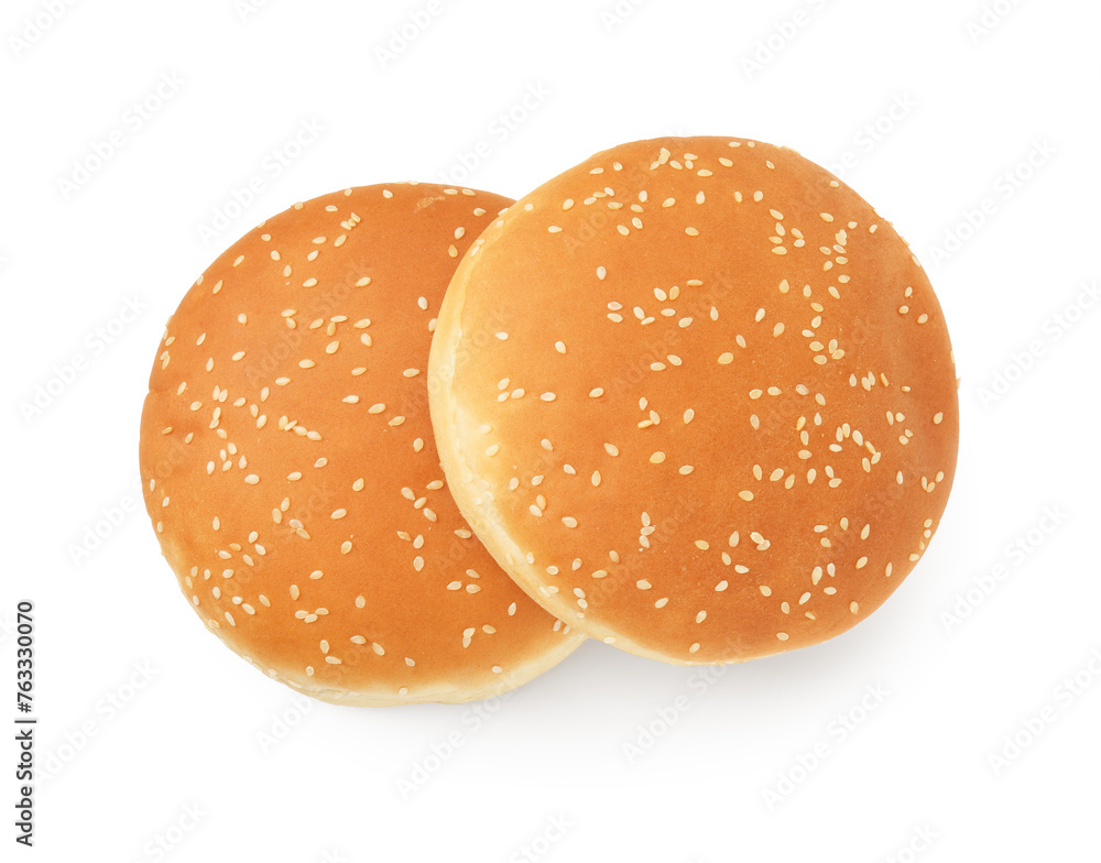 Fresh hamburger buns isolated on white, top view Fresh hamburger buns isolated on white, top view