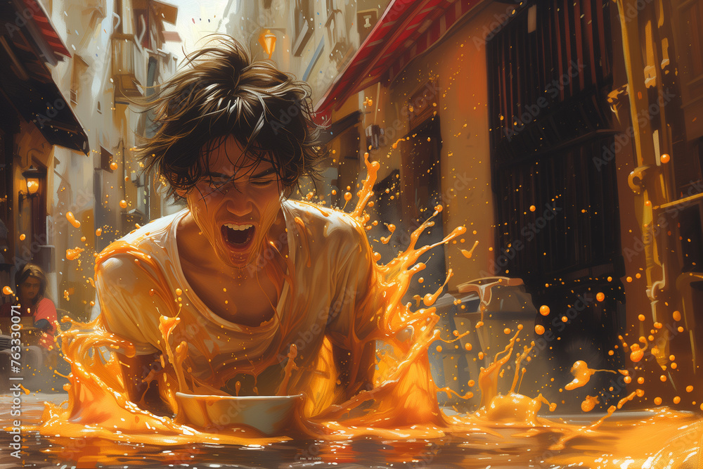 Man screams, standing and holding bowl filled with orange splashing liquid