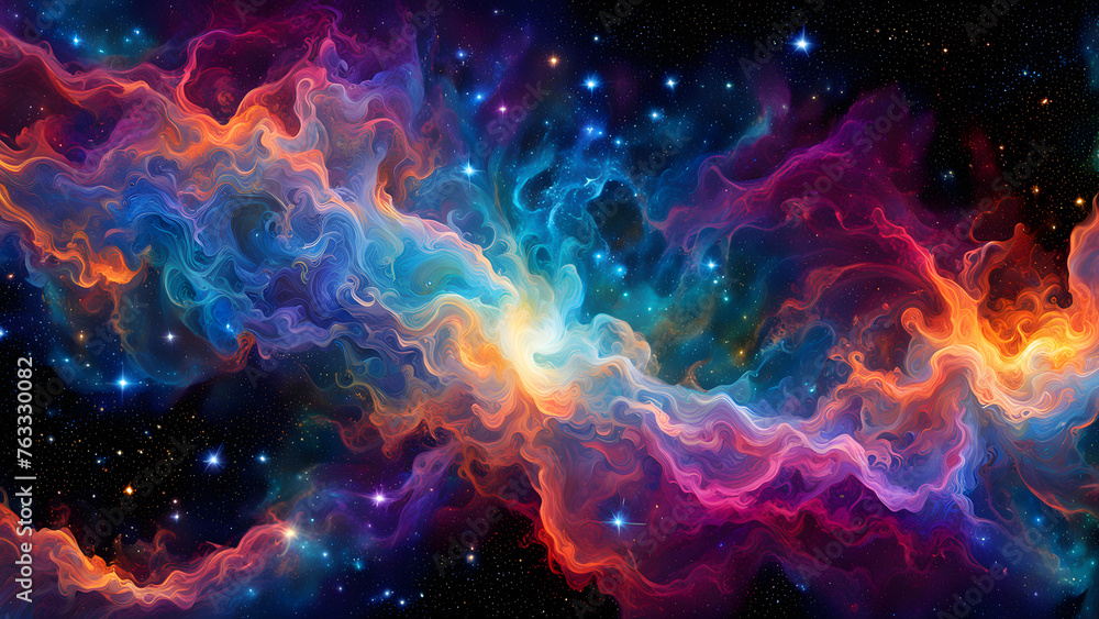 Abstract background of interstellar universe, colorful rays and planets