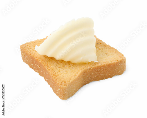 Tasty butter curl and piece of dry bread isolated on white