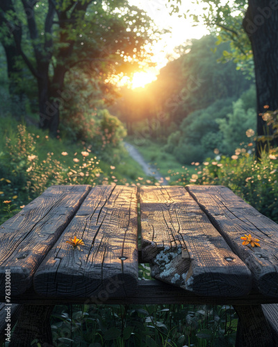 A wood table on spring wheter behind photo