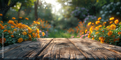 A wood table on spring wheter behind photo