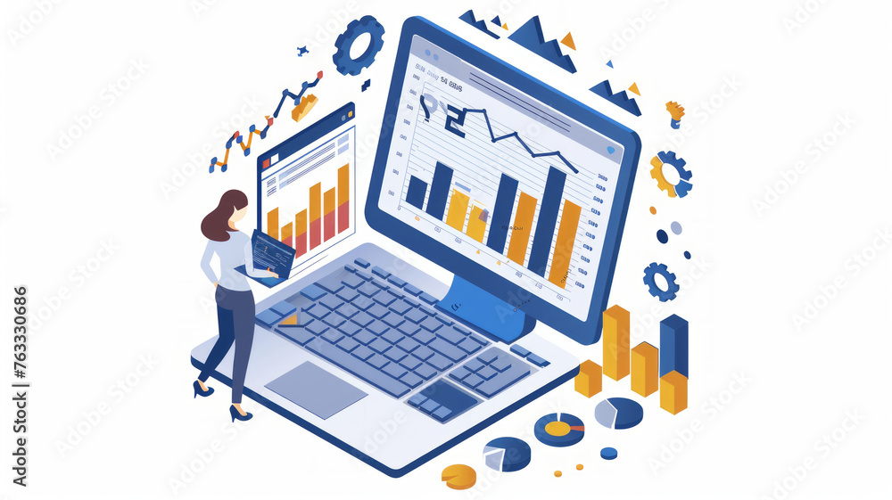 Vector illustration of a woman analyzing FX chart on PC in flat 2D style, isolated on white.generative ai Vector illustration of a woman analyzing FX chart on PC in flat 2D style, isolated on white.generative ai