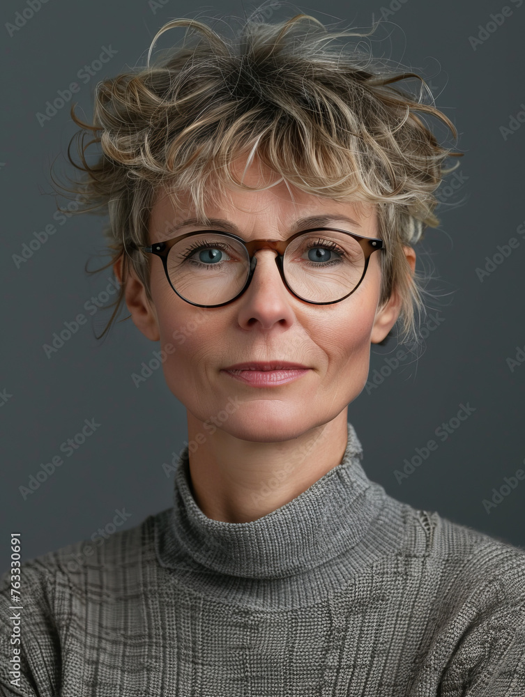 Professional headshot of a mature woman with stylish short hair and elegant round glasses