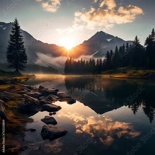 A serene mountain lake at sunrise. 