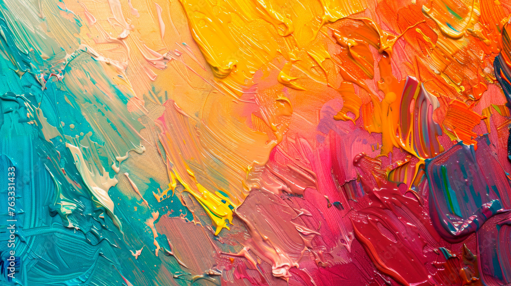 Close-up view of a colorful painting with thick layers of vibrant paint creating a dynamic and textured surface. abstract background with textural gouache strokes. Banner. Copy space - obrazy, fototapety, plakaty 