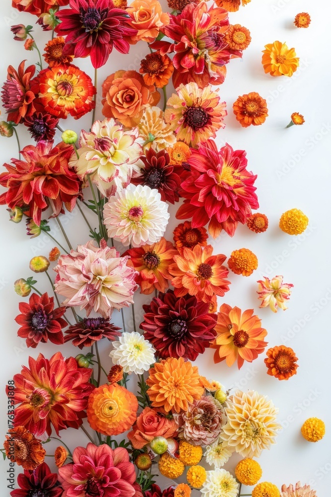 Obraz premium Colorful dahlia flowers on white background. Flat lay, top view. Greeting card for Mother's Day, Woman's Day, Easter, Valentine's Day, Wedding, and Birthday celebration.