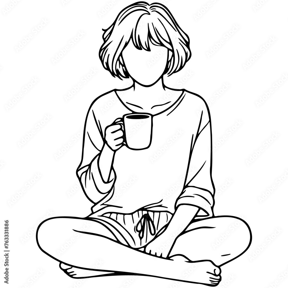 Woman Drink Coffee at Home Sketch Drawing. Woman Drink Coffee at Home Sketch Drawing.