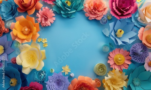Colorful origami flowers on blue background with space for text. Mother's Day, Woman's Day, Easter, Valentine's Day, Wedding, and Birthday celebration concept. Flat lay, top view, copy space.