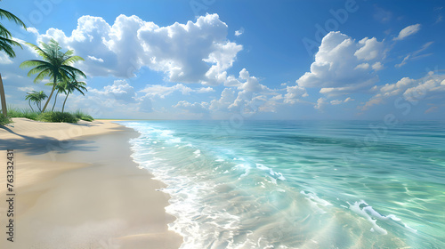 A pristine beach with powdery white sand and turquoise waters  framed by palm trees and a cloudless sky