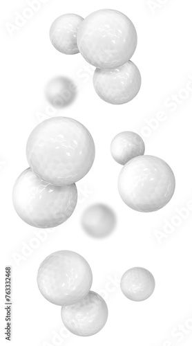 Many golf balls falling on white background