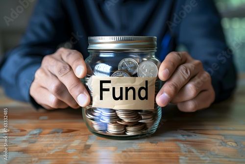 Jar with coins inside attached with scotch tape word “Fund”. the background is businessman hand behind, investment in fund for financial freedom and retirement concept