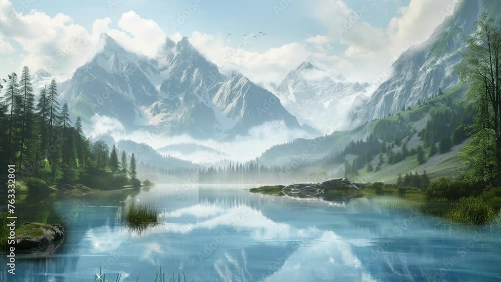 lake in the mountains, background, 4k, animation video, Seamless looping, footage, generative ai lake in the mountains, background, 4k, animation video, Seamless looping, footage, generative ai