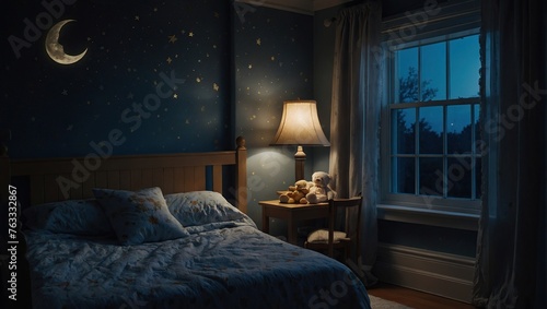 Baby's nighttime bedroom as moonlight streams through the windows, casting gentle shadows across the front of the room, creating a serene and comforting atmosphere