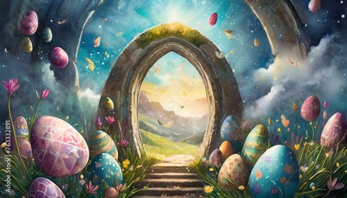 Easter eggs floating in a magical portal with an animated bunny coming out of it, with references to Easter