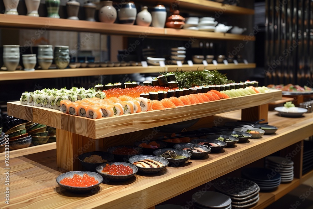 A bamboo podium featuring neatly arranged sushi ingredients and Japanese ceramics.