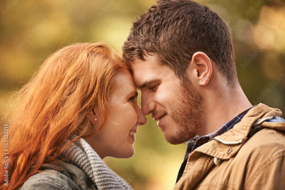 Outdoor, date and couple with love in nature on holiday adventure or relax together on vacation in woods. Happy, man and woman in park with smile for romantic connection in marriage and enjoy forest Outdoor, date and couple with love in nature on holiday adventure or relax together on vacation in woods. Happy, man and woman in park with smile for romantic connection in marriage and enjoy forest
